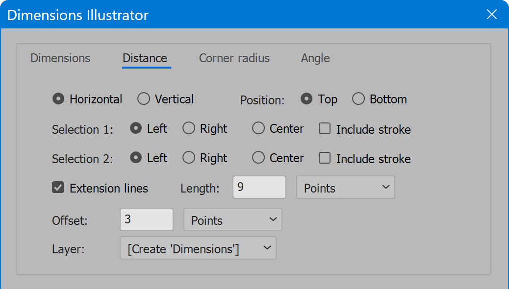 Dimensions Illustrator tab Distance