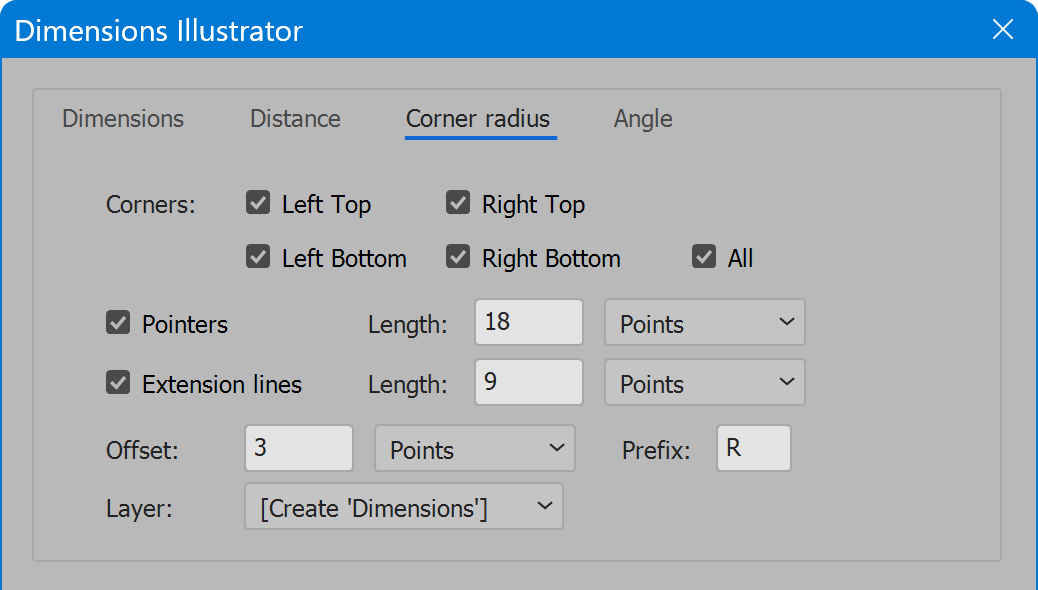 Dimensions Illustrator tab Corner radius