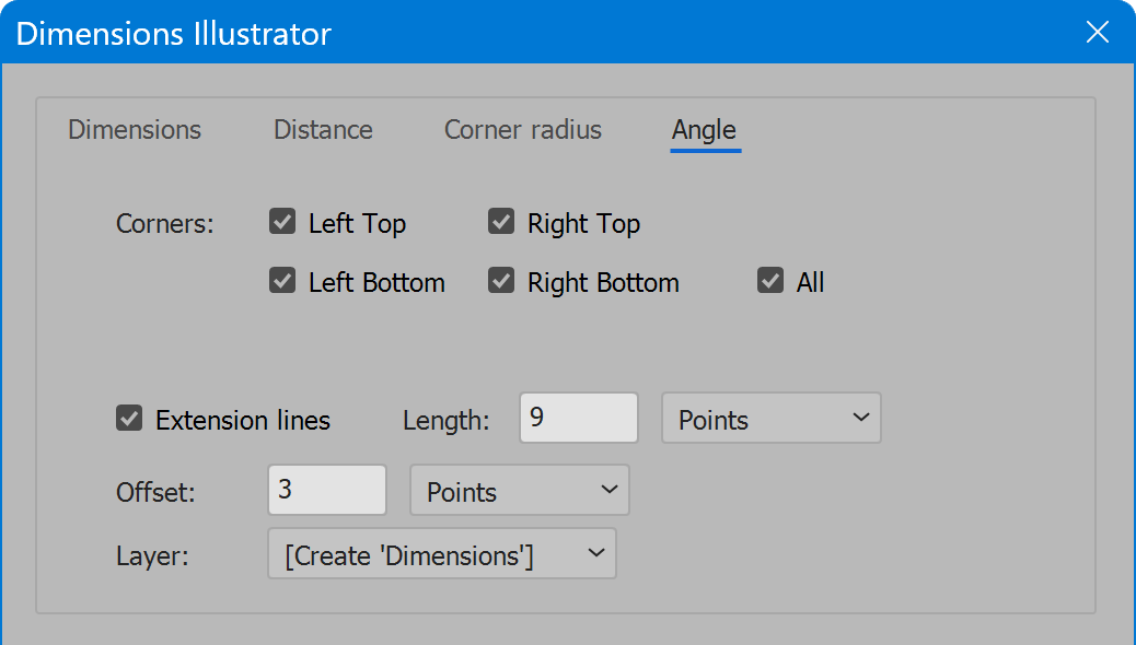 Dimensions Illustrator tab Angle