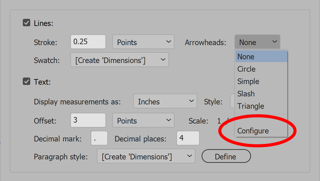 Dimensions Illustrator Arrowheads drop-down list