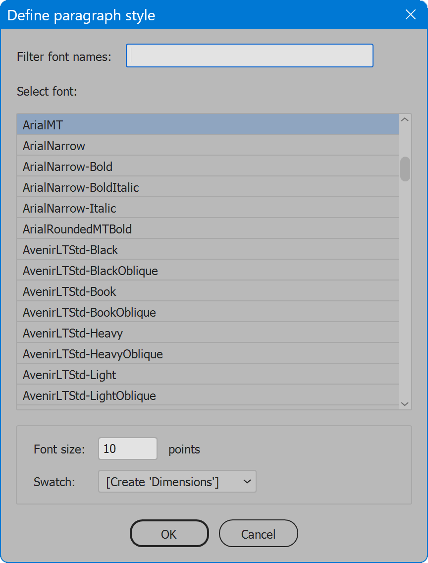 Dimensions Illustrator define paragraph style