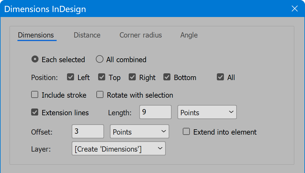 Dimensions InDesign tab Dimensions