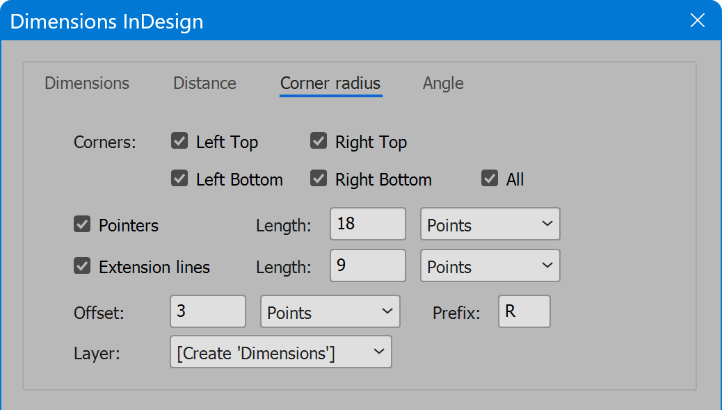 Dimensions InDesign tab Corner radius
