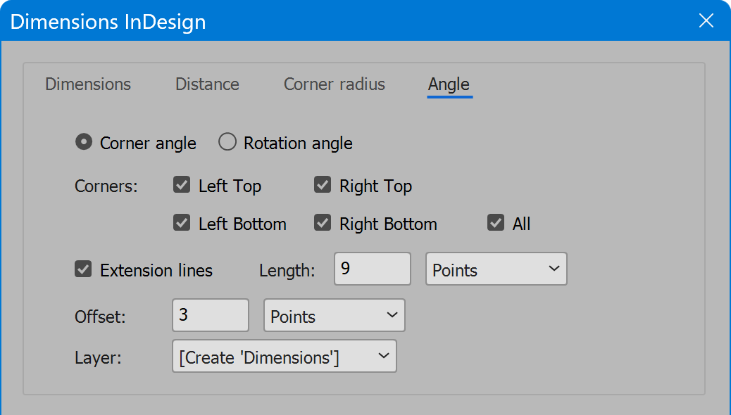 Dimensions InDesign tab Angle