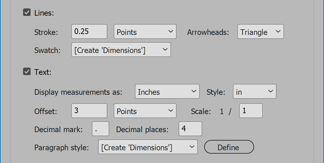 Dimensions InDesign Lines and Text