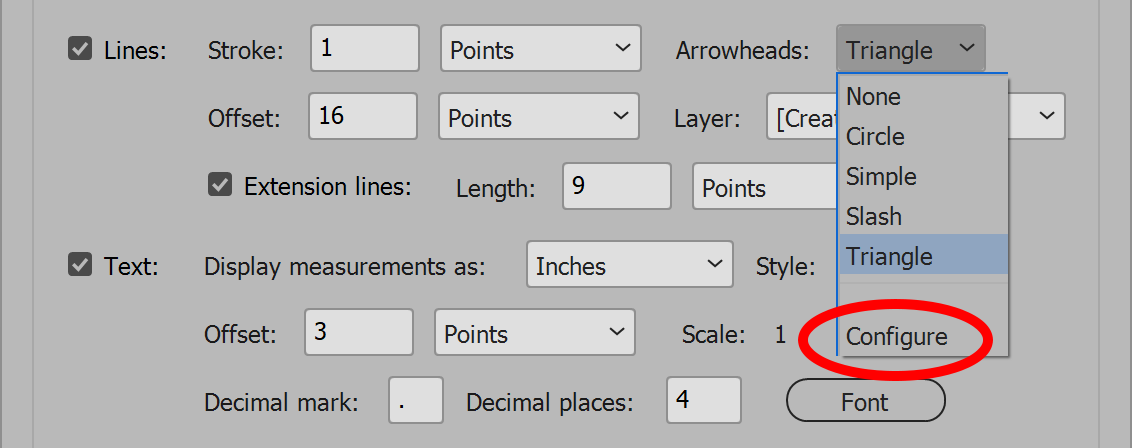 Page Dimensions Arrowheads drop-down list