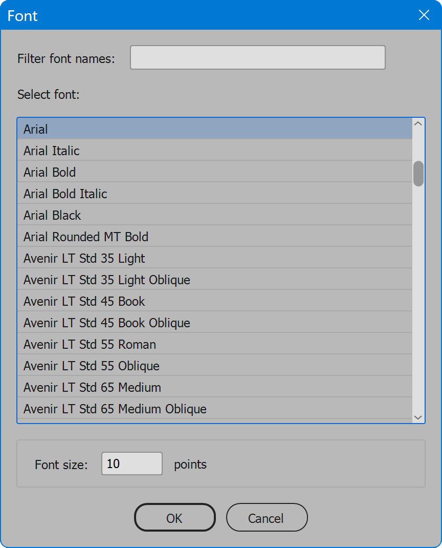 Page Dimensions Font window
