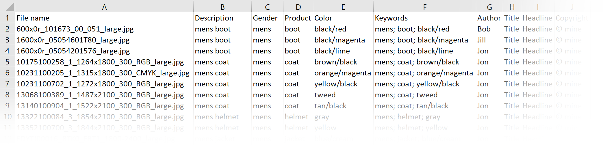Metadata From CSV example spreadsheet